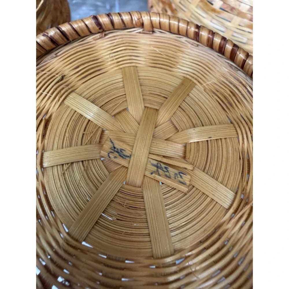Set of 4 Vintage Rattan Wicker Snack Salad Bowls with Plastic Inserts Tiki Boho